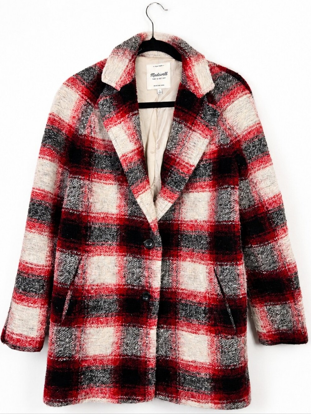 Madewell Plaid Wool Blend Coat S Red Black Preppy Academia Cabincore Holiday
